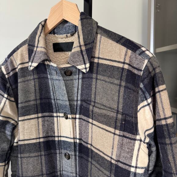 Jenni Kayne Shearling Lined Farmhouse Navy Plaid Jacket M NEW Wool Tan Coat - Picture 3 of 7